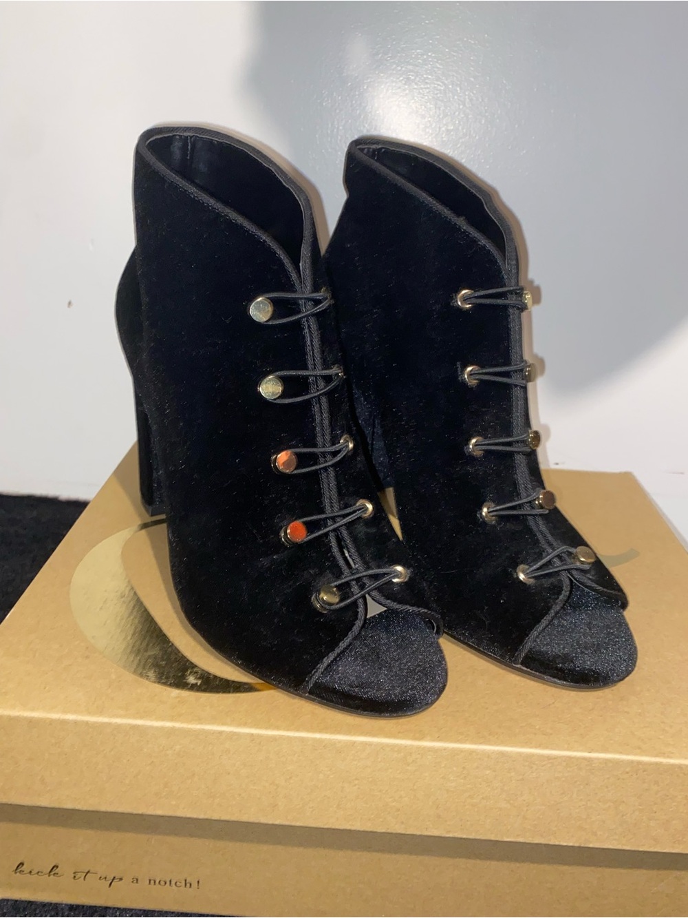 Vince Camuto Black Velvet Lace-Up Peep-Toe Ankle Boots